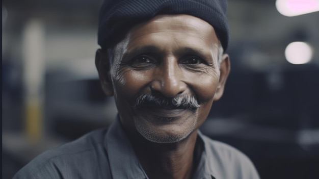 A smiling senior Indian male electronic factory worker standing in factory