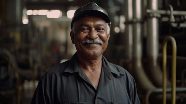 A smiling senior Indian male factory worker standing in oil refinery plant