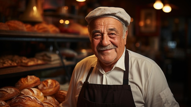 Photo smiling senior male in apron standing near oven in bakery