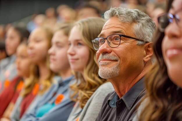 Smiling Senior Man Enjoying a Presentation with a Diverse Audience in a Conference Room