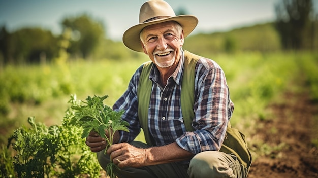 Smiling senior man farmer wearing a straw hat kneeling in a field