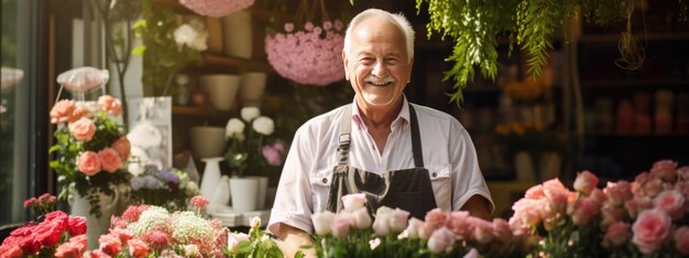 写真 アプロンを着た笑顔の高齢男性が花屋の向こうに立っています ⁇