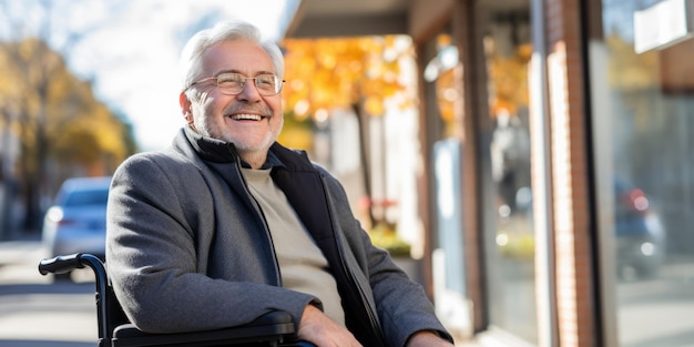 写真 smiling senior man in wheelchair outdoors