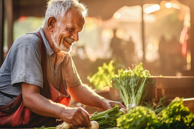 미소 짓는 노인 이 지역 시장 의 배경 에서 농장 의 자연 채소 를 판매 하고 있다