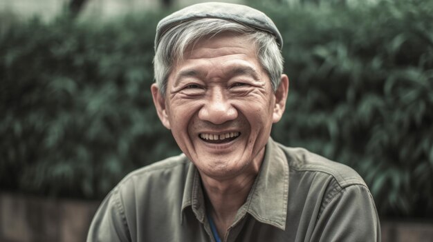 Smiling senior man sitting in the garden looking at the camera smiling Generative AI AIG20