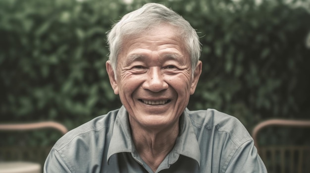 웃고 있는 노인이 정원에 앉아 미소를 짓고 있는 카메라를 바라보고 있습니다. Generative AI AIG20
