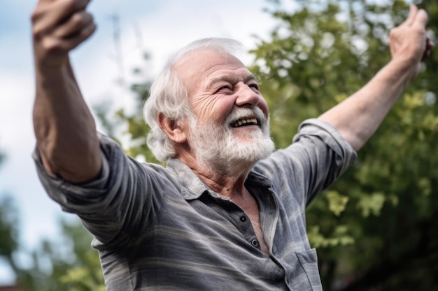 Smiling senior man standing outside with his arms in a flying position created with generative ai