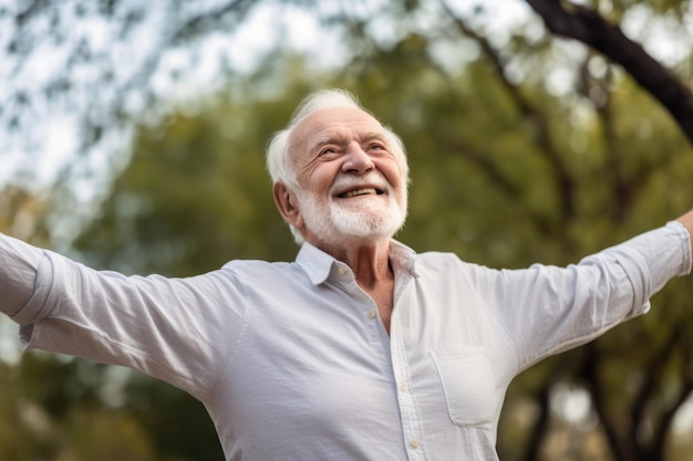 Smiling senior man standing outside with his arms in a flying position created with generative ai