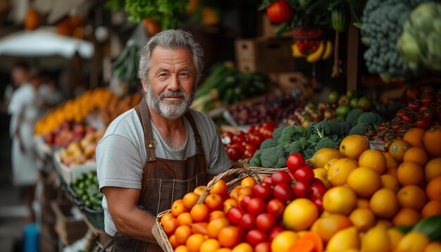 Smiling senior man vendor fruit market stall variety fresh produce Outdoor market vendor portrait