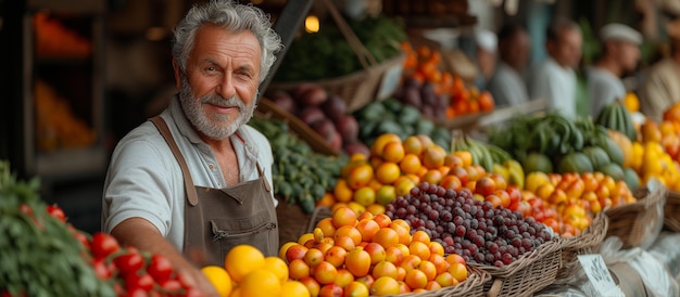 Smiling senior man vendor fruit market stall variety fresh produce Outdoor market vendor portrait