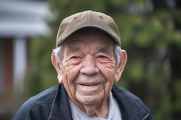 A smiling senior man wearing a baseball cap outdoors created with generative ai