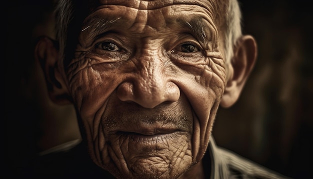 Foto sorridente uomo anziano con le rughe dei capelli grigi e la saggezza che sembra felice generata dall'intelligenza artificiale