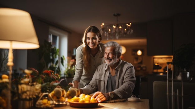 Smiling senior man with helper woman together in the kitchen at home