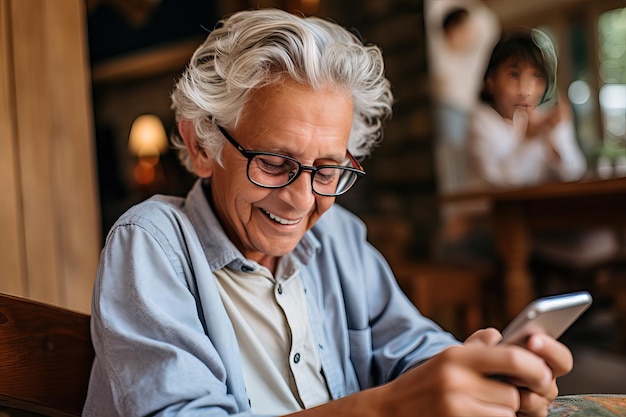 自宅でスマートフォンを持った笑顔の年配の男性