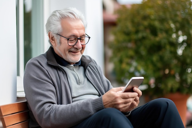 家の近くのテラスでスマートフォンを持った笑顔の年配の男性