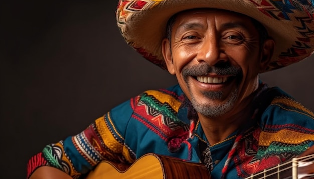 Smiling senior Mexican guitarist plays acoustic guitar generated by AI