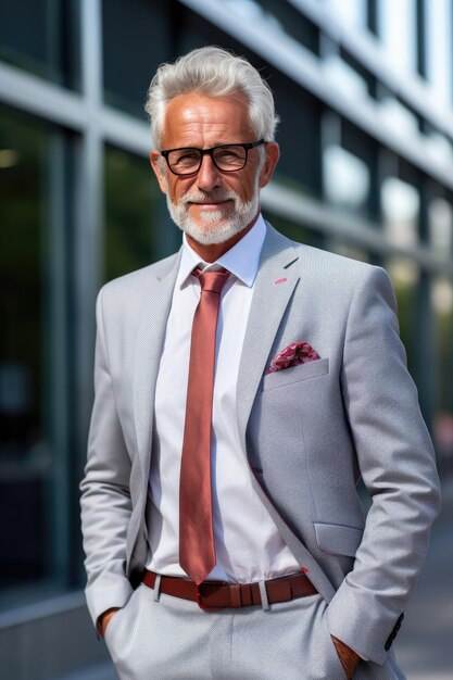 The smiling senior professional businessman stood outside of his office