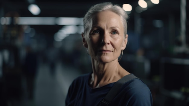 Un lavoratore di fabbrica elettronico femminile svedese maggiore sorridente che si leva in piedi nella fabbrica