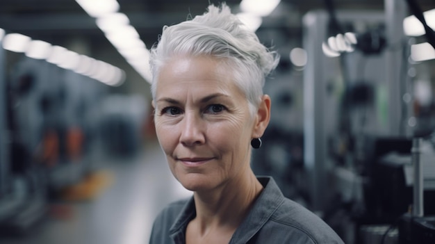 A smiling senior Swedish female electronic factory worker standing in factory