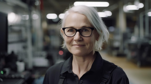 工場に立つ笑顔のスウェーデンの上級女性電子工場労働者