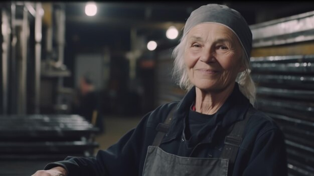 A smiling senior Swedish female factory worker standing in metal sheet factory