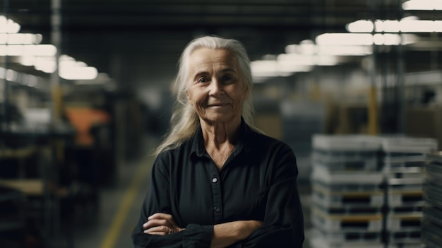 A smiling senior Swedish female factory worker standing in warehouse