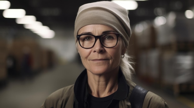 A smiling senior Swedish female factory worker standing in warehouse