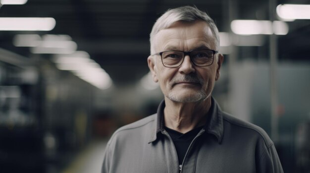 A smiling senior Swedish male electronic factory worker standing in factory