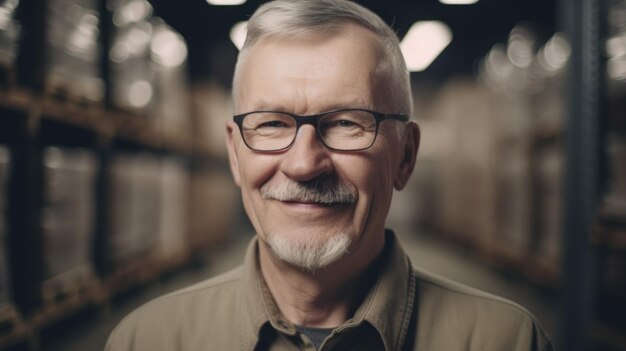 A smiling senior Swedish male factory worker standing in warehouse