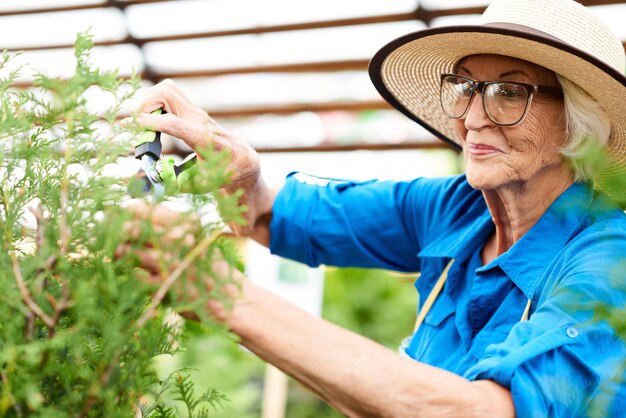 Улыбающаяся старшая женщина ухаживает за растениями