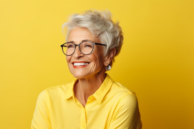 Smiling senior woman in eyeglasses looking at camera on yellow background