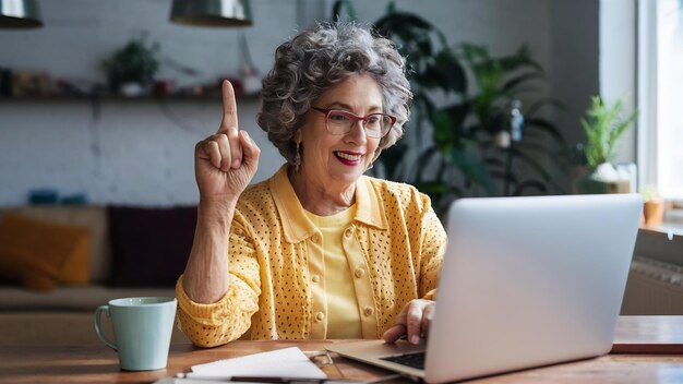 Photo smiling senior woman raising finger using laptop at home