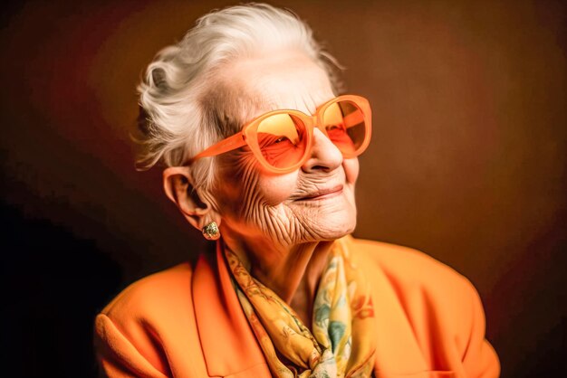 Smiling senior woman in sunglasses looking away isolated on orange portrait Generative AI