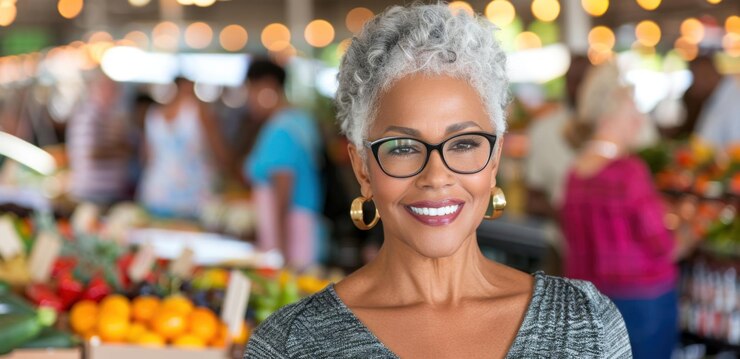 Photo smiling senior woman at vibrant farmers market with fresh produce in background