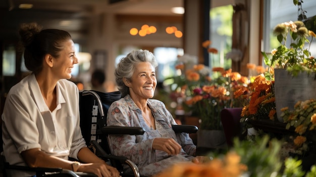 Улыбающаяся пожилая женщина в инвалидной коляске со своим опекуном в цветочном уголке дома престарелых