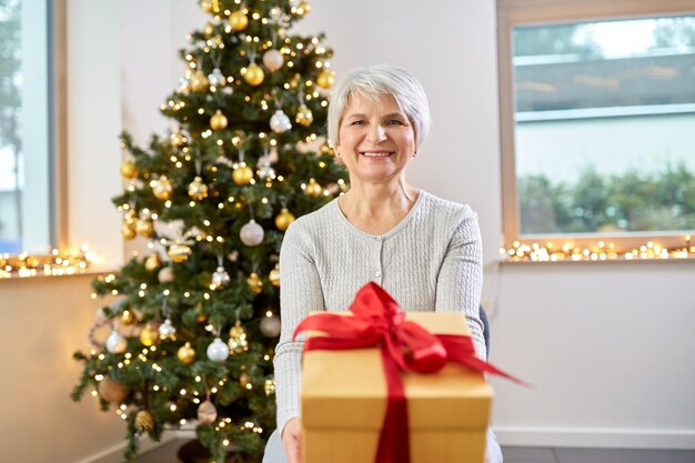 家でクリスマスのプレゼントを持った笑顔の高齢の女性