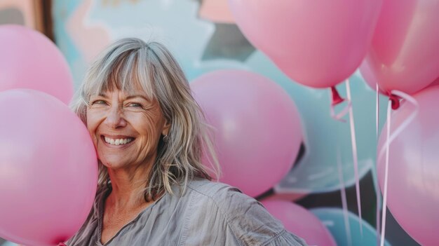 Photo smiling senior woman with grey hair surrounded by pink balloons