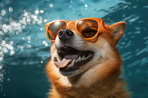 Photo a smiling shiba take sunglasses on dark background