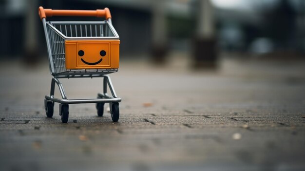 A smiling shopping cart on a brick walkway ai