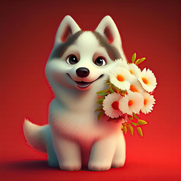 Smiling siberian husky hold bouquet in colorful flowers isolate warm background