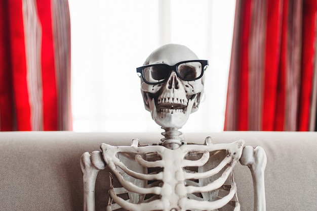 Photo smiling skeleton in glasses is sitting on couch, window and red curtains