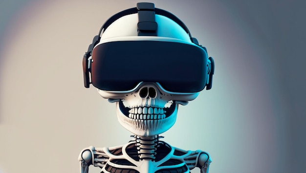 Smiling Skeleton wearing virtual reality goggles headset vr box Connection technology