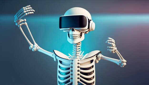 Smiling Skeleton wearing virtual reality goggles headset vr box Connection technology