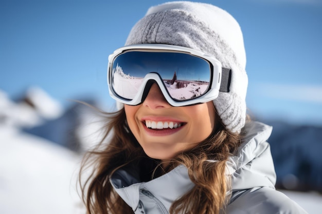 a smiling skier looking at a camera with ski gear on her face