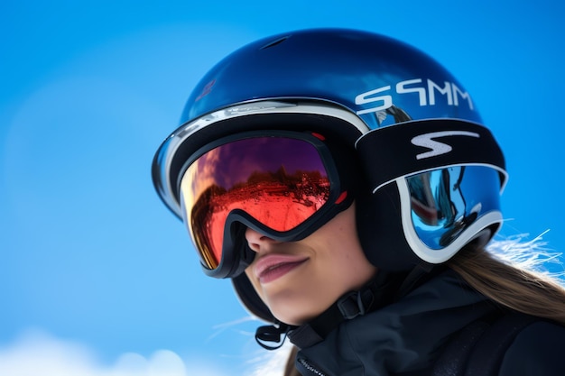 a smiling skier looking at a camera with ski gear on her face