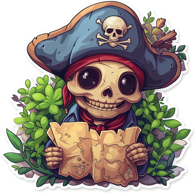 Smiling skull pirate sticker holding a world map
