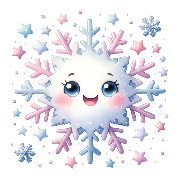 Foto un personaggio di fiocco di neve sorridente circondato da stelle