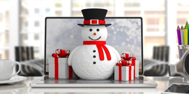 Smiling snowman on laptop blurry office background and gifts\
banner 3d illustration