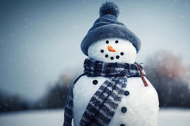 Smiling snowman in winter wearing a hat and scarf natural street lighting forest background daylight professional photography focus on the snowman