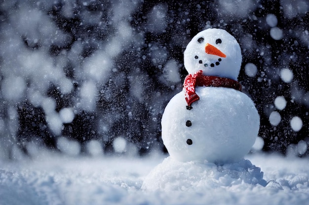 雪だるまに帽子とスカーフを身に着けている冬の笑顔の雪だるま自然の街路照明の森の背景日光プロの写真の焦点